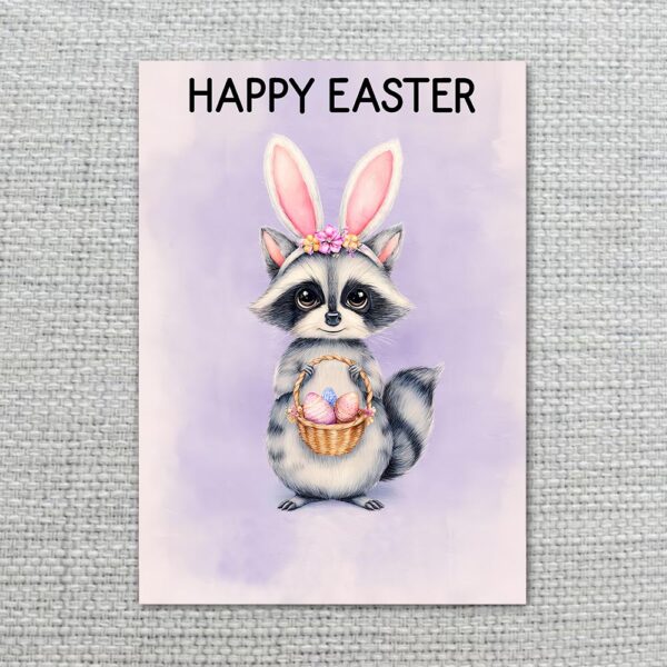 Soft Purple Raccoon Easter Greeting Adorable Masked Bunny 5X7 Printable Digital Card