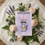 Soft Purple Raccoon Easter Greeting Adorable Masked Bunny 5X7 Printable Digital Card