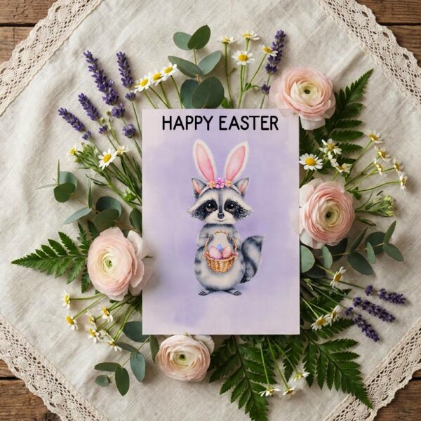 Soft Purple Raccoon Easter Greeting Adorable Masked Bunny 5X7 Printable Digital Card