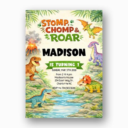 Soft Watercolor Dinosaur Green Jungle Volcano Editable Digital Greeting Template