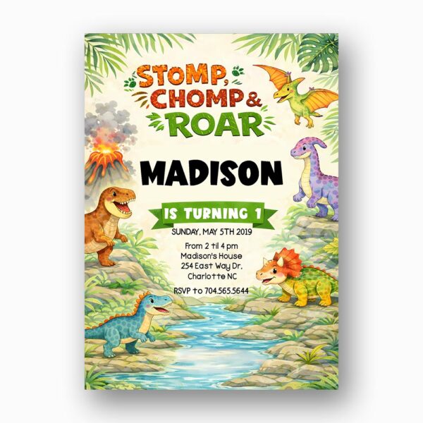 Soft Watercolor Dinosaur Green Jungle Volcano Editable Digital Greeting Template