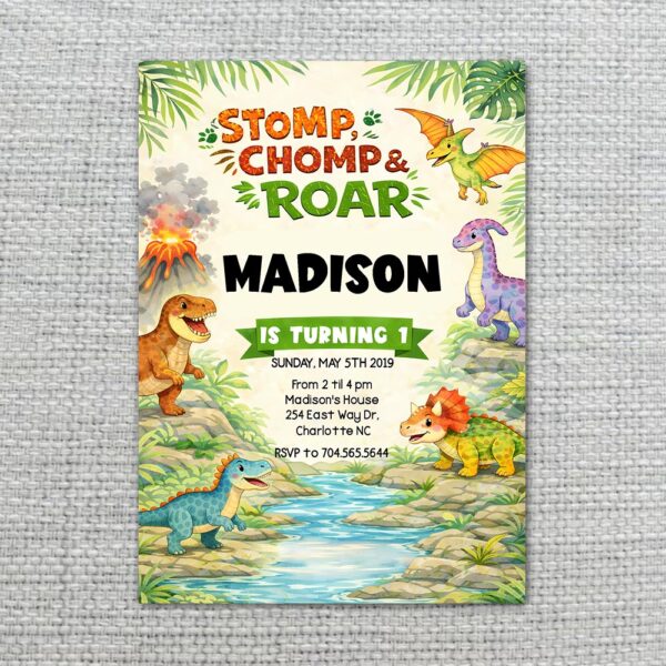 Soft Watercolor Dinosaur Green Jungle Volcano Editable Digital Greeting Template