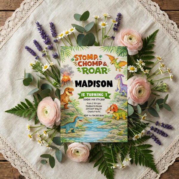 Soft Watercolor Dinosaur Green Jungle Volcano Editable Digital Greeting Template