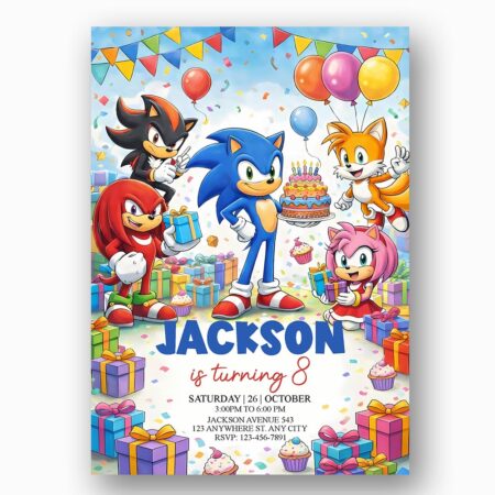 Sonic Shadow Knuckles Tails Amy Rose Party Editable Botanical Gift Card