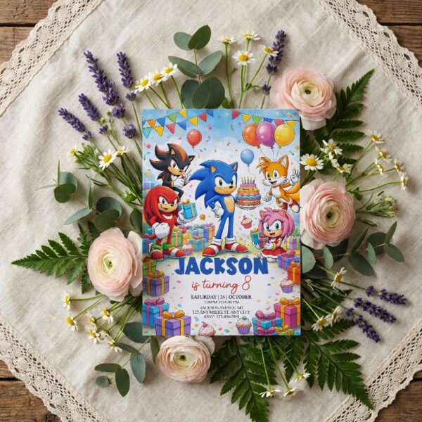 Sonic Shadow Knuckles Tails Amy Rose Party Editable Botanical Gift Card