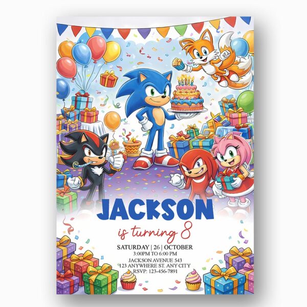 Sonic the Hedgehog Tails Shadow Knuckles Amy Rose Party Instant Printable Watercolor Card