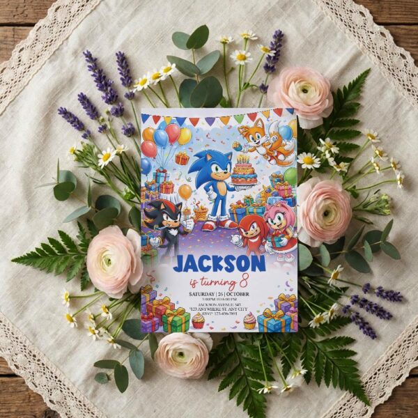 Sonic the Hedgehog Tails Shadow Knuckles Amy Rose Party Instant Printable Watercolor Card