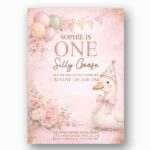 Sophie Is One Silly Goose Pink Floral Wreath Balloons Modern Digital Stationery Card