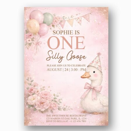 Sophie Is One Silly Goose Pink Floral Wreath Balloons Modern Digital Stationery Card