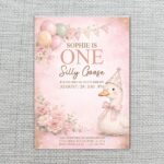Sophie Is One Silly Goose Pink Floral Wreath Balloons Modern Digital Stationery Card