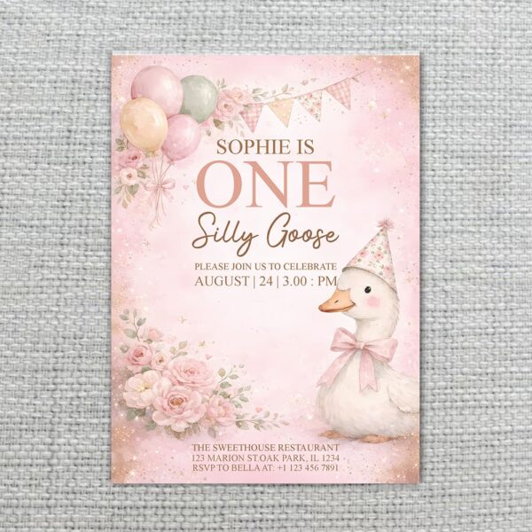Sophie Is One Silly Goose Pink Floral Wreath Balloons Modern Digital Stationery Card