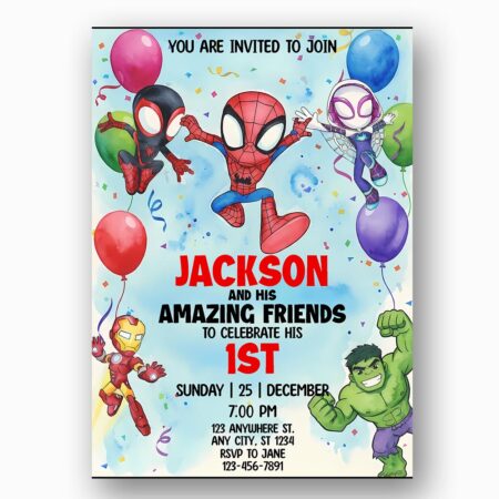 Spiderman Miles Morales Ghost Spider Hulk Iron Man Amazing Friends Editable Digital Greeting Template