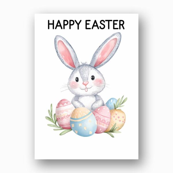 Sweet Bunny with Easter Egg Pile Card Hand Painted Holiday Art Ready To Print Digital Card