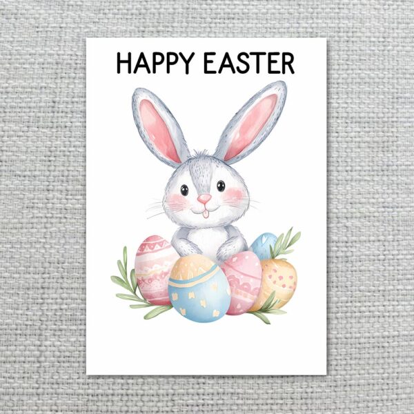 Sweet Bunny with Easter Egg Pile Card Hand Painted Holiday Art Ready To Print Digital Card