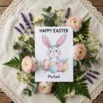 Sweet Bunny with Easter Egg Pile Card Hand Painted Holiday Art Ready To Print Digital Card