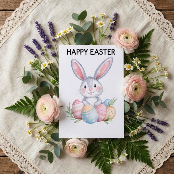 Sweet Bunny with Easter Egg Pile Card Hand Painted Holiday Art Ready To Print Digital Card