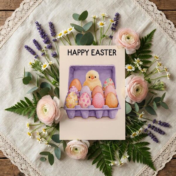 Sweet Pink Egg Carton Baby Chick Card Cute Easter Nest Last Minute Digital Greeting