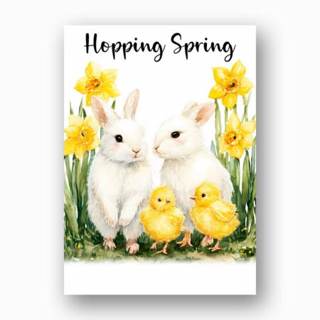 Sweet White Rabbits with Daffodils Traditional Spring Garden Editable Home Printing File