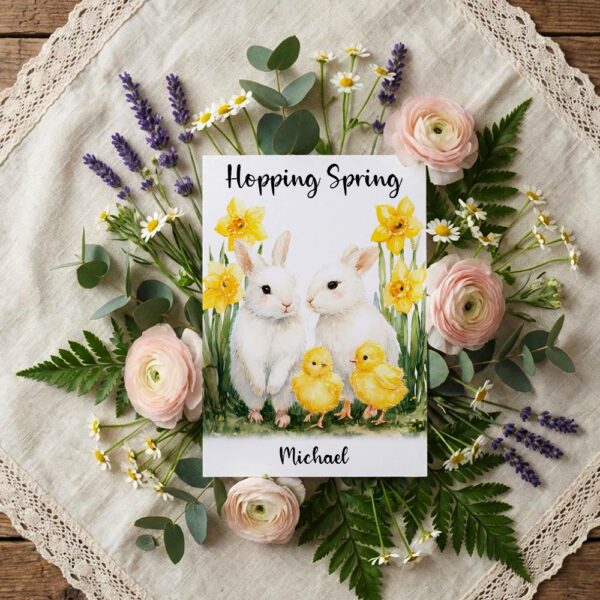 Sweet White Rabbits with Daffodils Traditional Spring Garden Editable Home Printing File