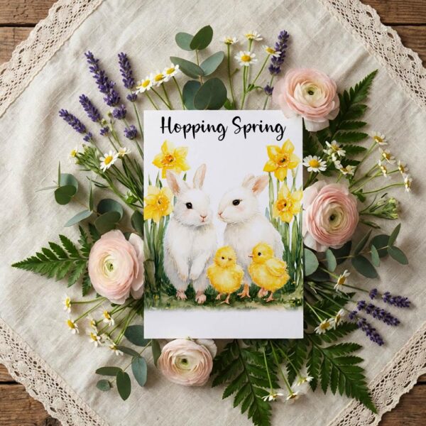 Sweet White Rabbits with Daffodils Traditional Spring Garden Editable Home Printing File
