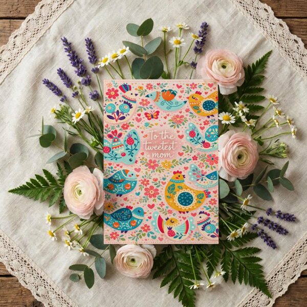 Sweetest Mom Folk Art Bird Floral Colorful Pattern Home Print Floral Card