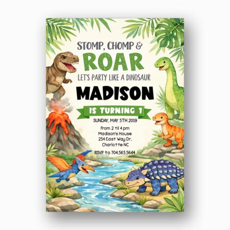 T Rex Dinosaur Jungle Erupting Volcano Lava Diy Watercolor Digital Card