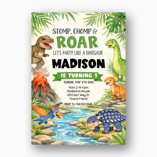 T Rex Dinosaur Jungle Erupting Volcano Lava Diy Watercolor Digital Card