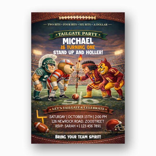 Tailgate Party Invitation Football Players Mascot Action Downloadable Artistic Card