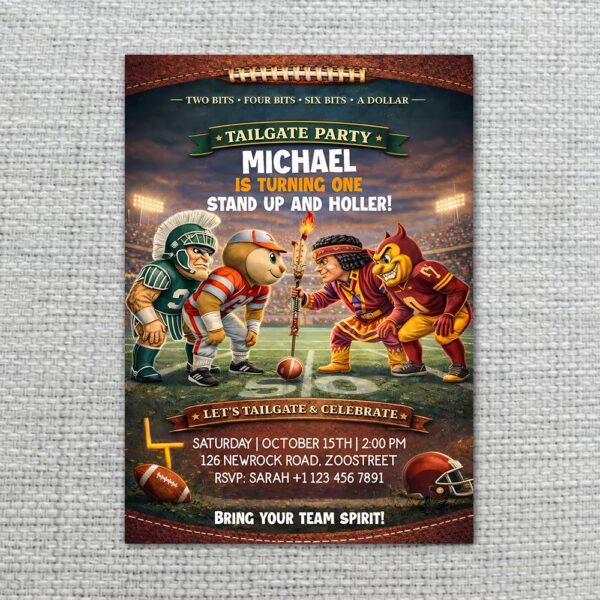 Tailgate Party Invitation Football Players Mascot Action Downloadable Artistic Card