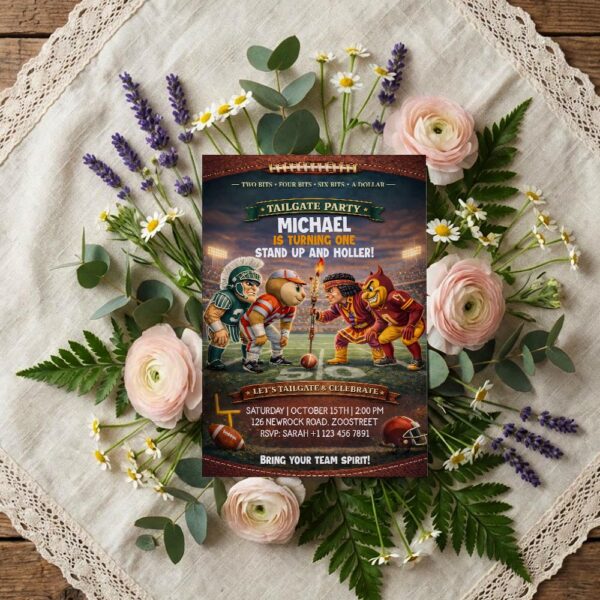 Tailgate Party Invitation Football Players Mascot Action Downloadable Artistic Card