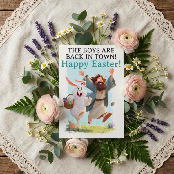 The Boys Are Back In Town Easter Greeting Jesus Rabbit Celebration Professional Quality Printable Card