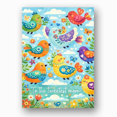 To The Tweetest Mom Colorful Birds Blue Sky Folk Art Design Instant Access Editable Stationery