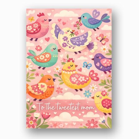 To The Tweetest Mom Folk Art Birds Pink Floral Illustration 5X7 Printable Digital Card