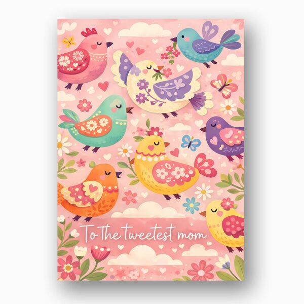 To The Tweetest Mom Folk Art Birds Pink Floral Illustration 5X7 Printable Digital Card