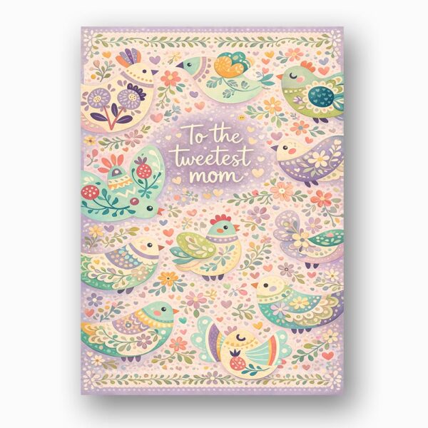 To The Tweetest Mom Lavender Folk Art Bird Ornate Pastel Pattern Customizable Printable Celebration Card