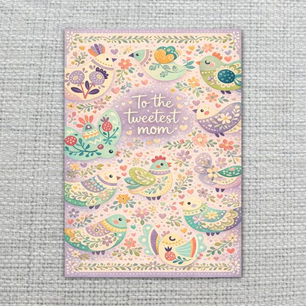 To The Tweetest Mom Lavender Folk Art Bird Ornate Pastel Pattern Customizable Printable Celebration Card