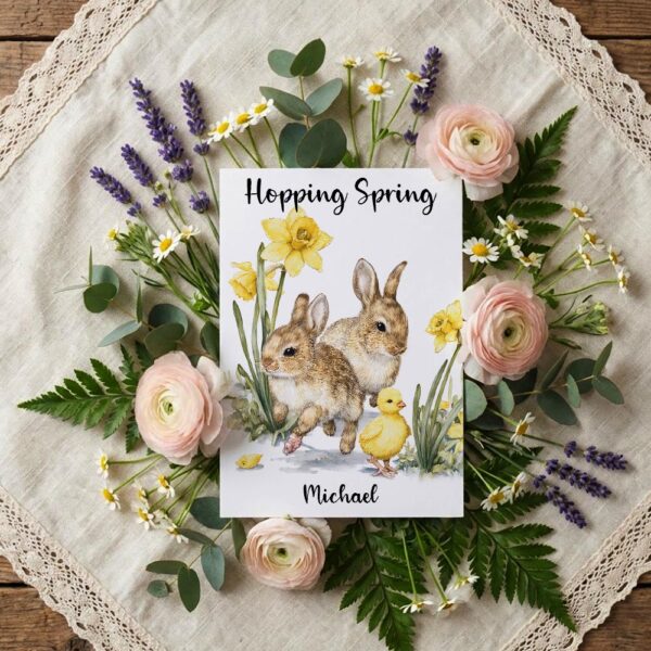 Trio of Bunnies Chicks Card Rustic Farmhouse Spring Wildlife Instant Access Greeting Card
