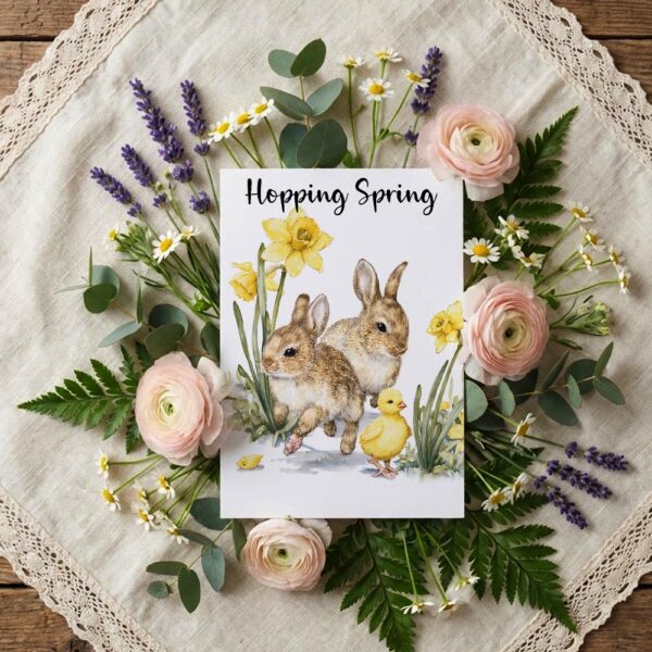 Trio of Bunnies Chicks Card Rustic Farmhouse Spring Wildlife Instant Access Greeting Card