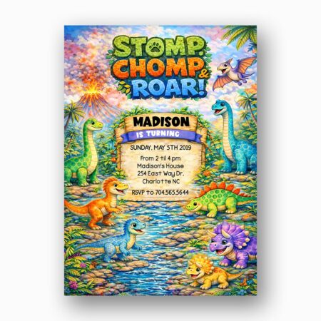 Tropical Green Leaf Dinosaur Jungle Volcano Ready To Print Digital Card