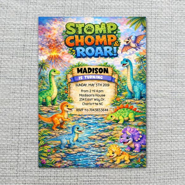 Tropical Green Leaf Dinosaur Jungle Volcano Ready To Print Digital Card