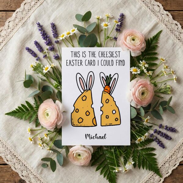 Two Cheese Slices Bunny Ears Easter Card Cute Cheesiest Pun Art Editable Botanical Gift Card
