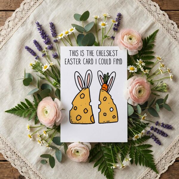 Two Cheese Slices Bunny Ears Easter Card Cute Cheesiest Pun Art Editable Botanical Gift Card