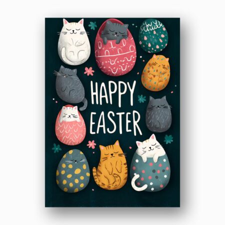 Vertical Stacked Cats Easter Eggs Card Unique Illustration Instant Download Greeting