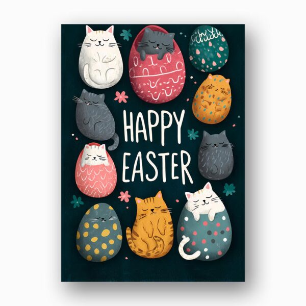 Vertical Stacked Cats Easter Eggs Card Unique Illustration Instant Download Greeting