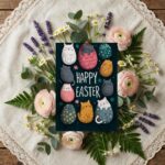 Vertical Stacked Cats Easter Eggs Card Unique Illustration Instant Download Greeting