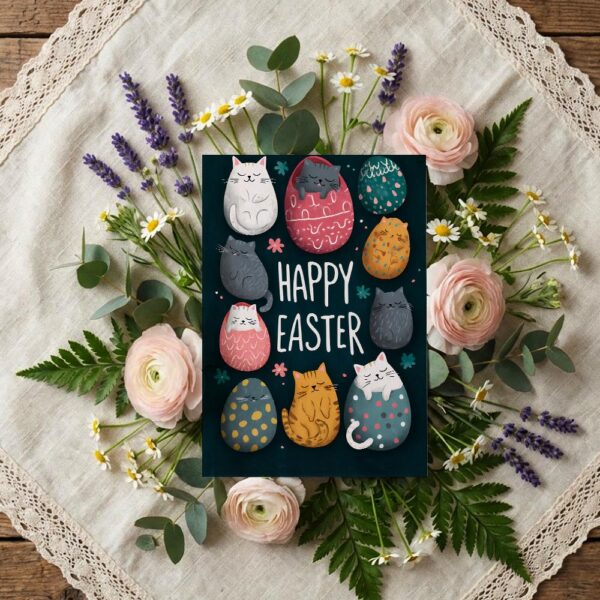Vertical Stacked Cats Easter Eggs Card Unique Illustration Instant Download Greeting