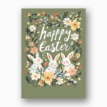Vintage Bunny Floral Wreath Easter Card Sage Green Botanical Art Fully Editable Digital Download