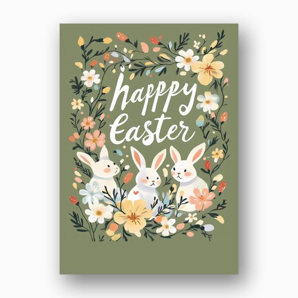Vintage Bunny Floral Wreath Easter Card Sage Green Botanical Art Fully Editable Digital Download