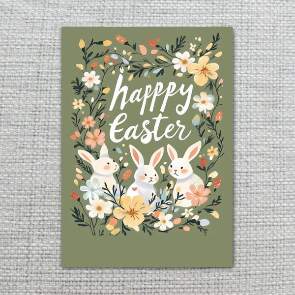 Vintage Bunny Floral Wreath Easter Card Sage Green Botanical Art Fully Editable Digital Download