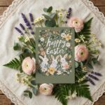 Vintage Bunny Floral Wreath Easter Card Sage Green Botanical Art Fully Editable Digital Download